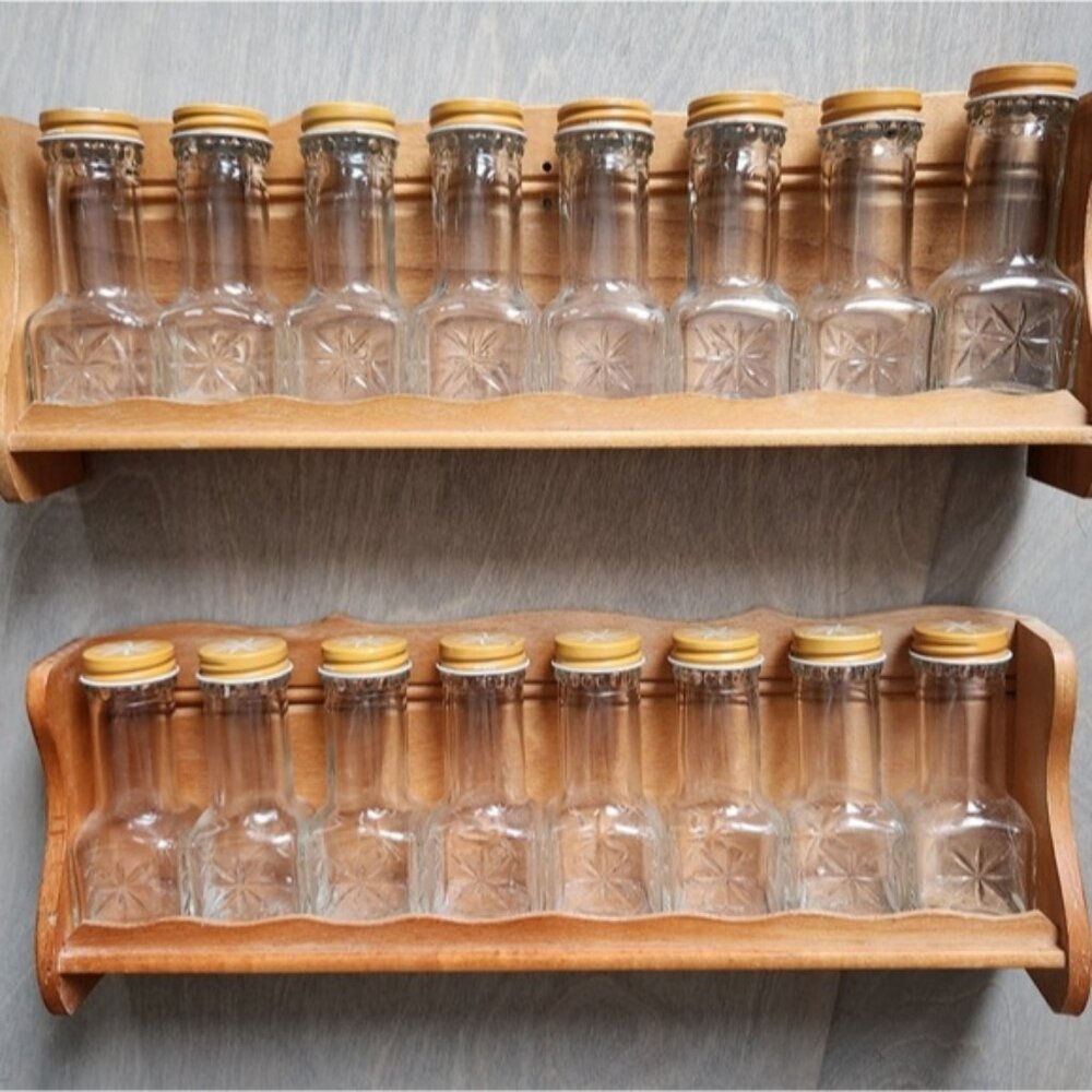 70's Wooden Spice‎ Rack with Glass Jars